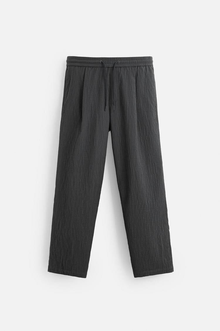 Men's Relaxed, Textured Crinkle Pants with Elastic Waistband and Drawstring Amarae