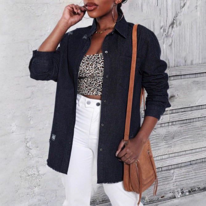 Women Oversize Denim Shirt Jacket with Used Effects and Raw Hem Amarae