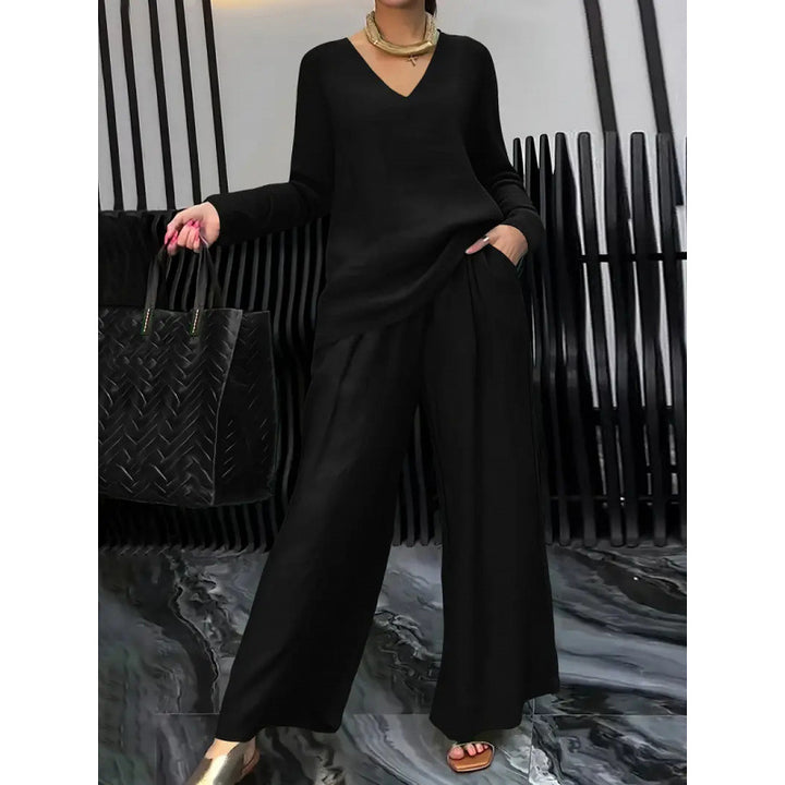 Women's Fine V-Neck Knit Sweater with Flowing Palazzo Pants Amarae