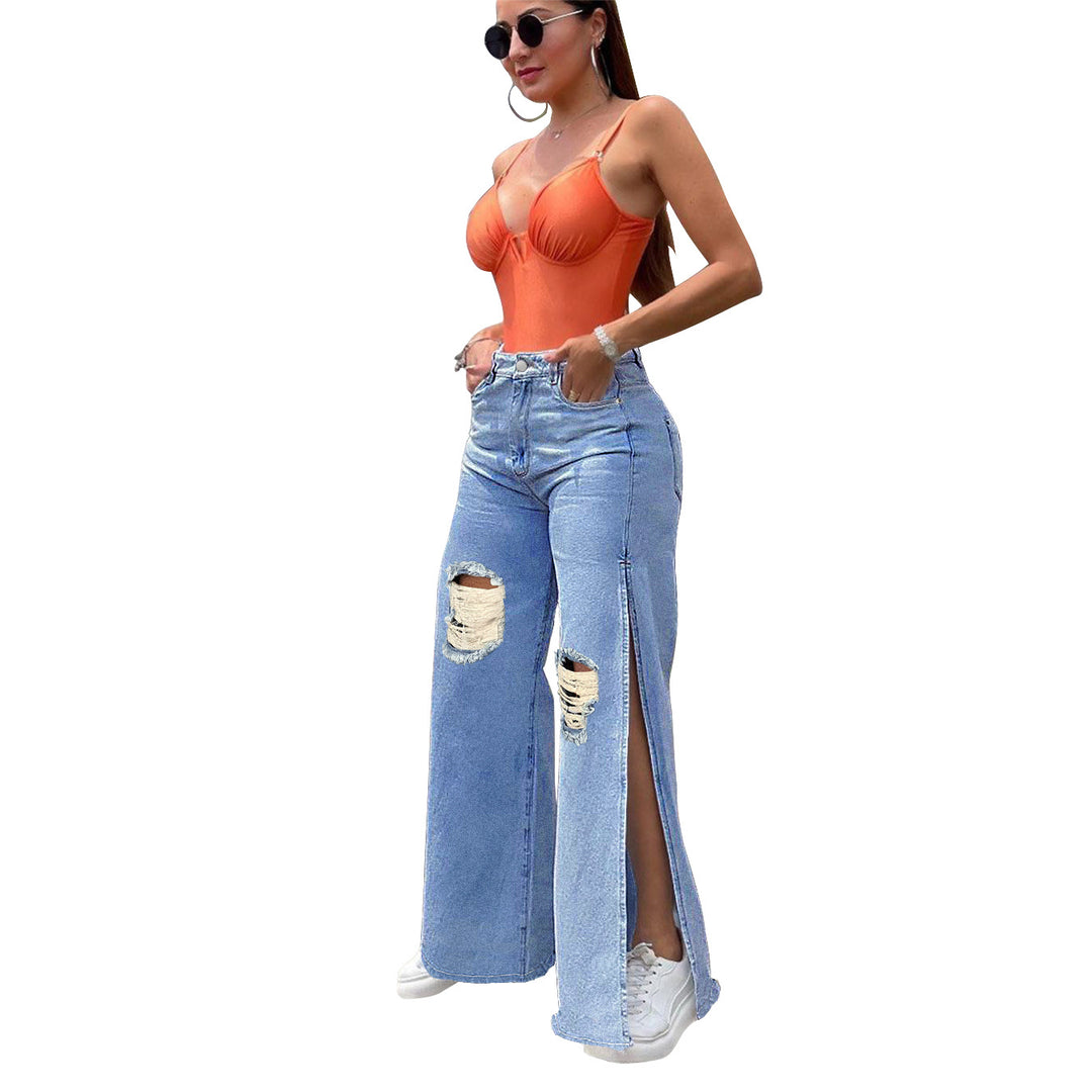 Ladies High-Waisted Wide-Leg Jeans with Knee Rips and Side Slits Amarae