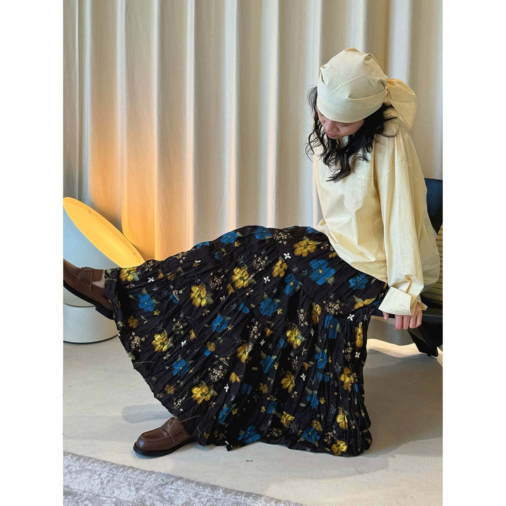 Women's Long Tiered Skirt with Pleated Ruffles and Floral Print Amarae