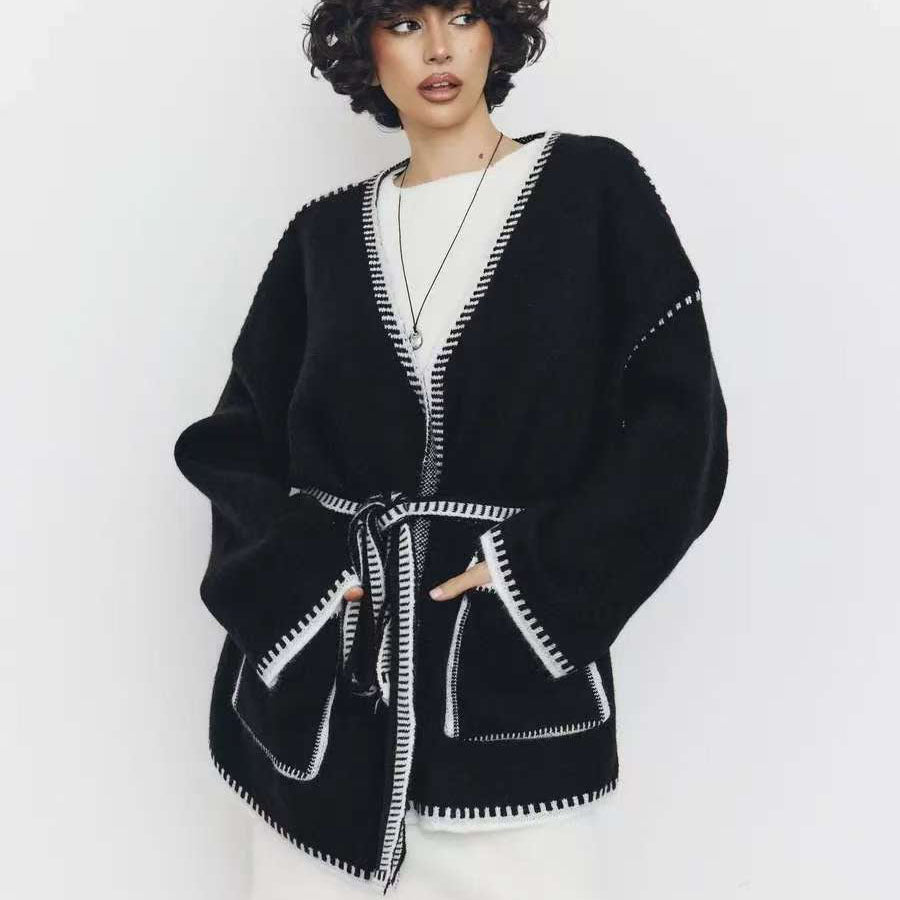 Oversized knitted cardigan for women with belt and pockets Lune London