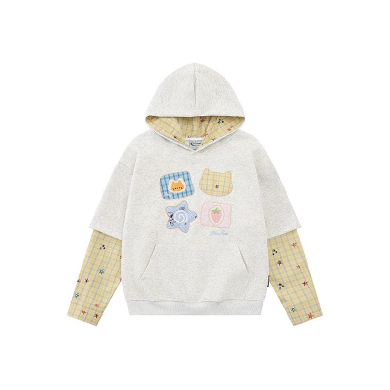 Women's hooded sweatshirt with layered look, kangaroo pocket and playful patch applications Amarae