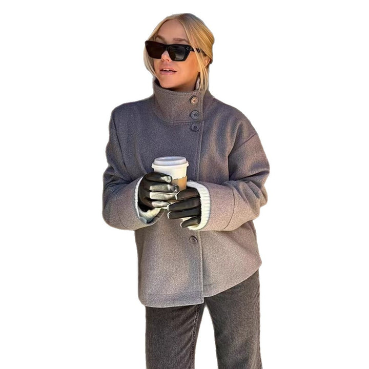 Women's short cut boxy jacket with stand-up collar and asymmetrical button placket Amarae