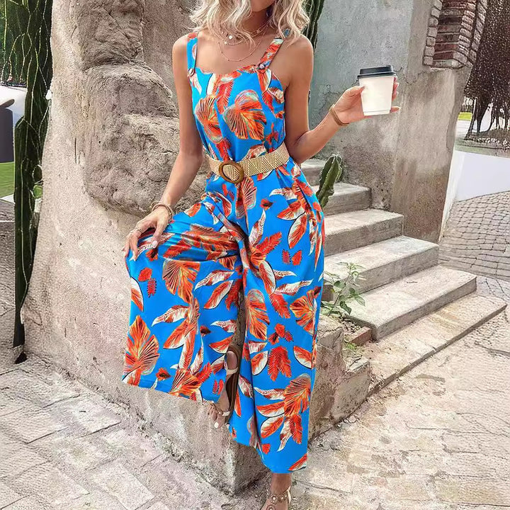 Ladies Tropical Print Wide Leg Jumpsuit Lune London
