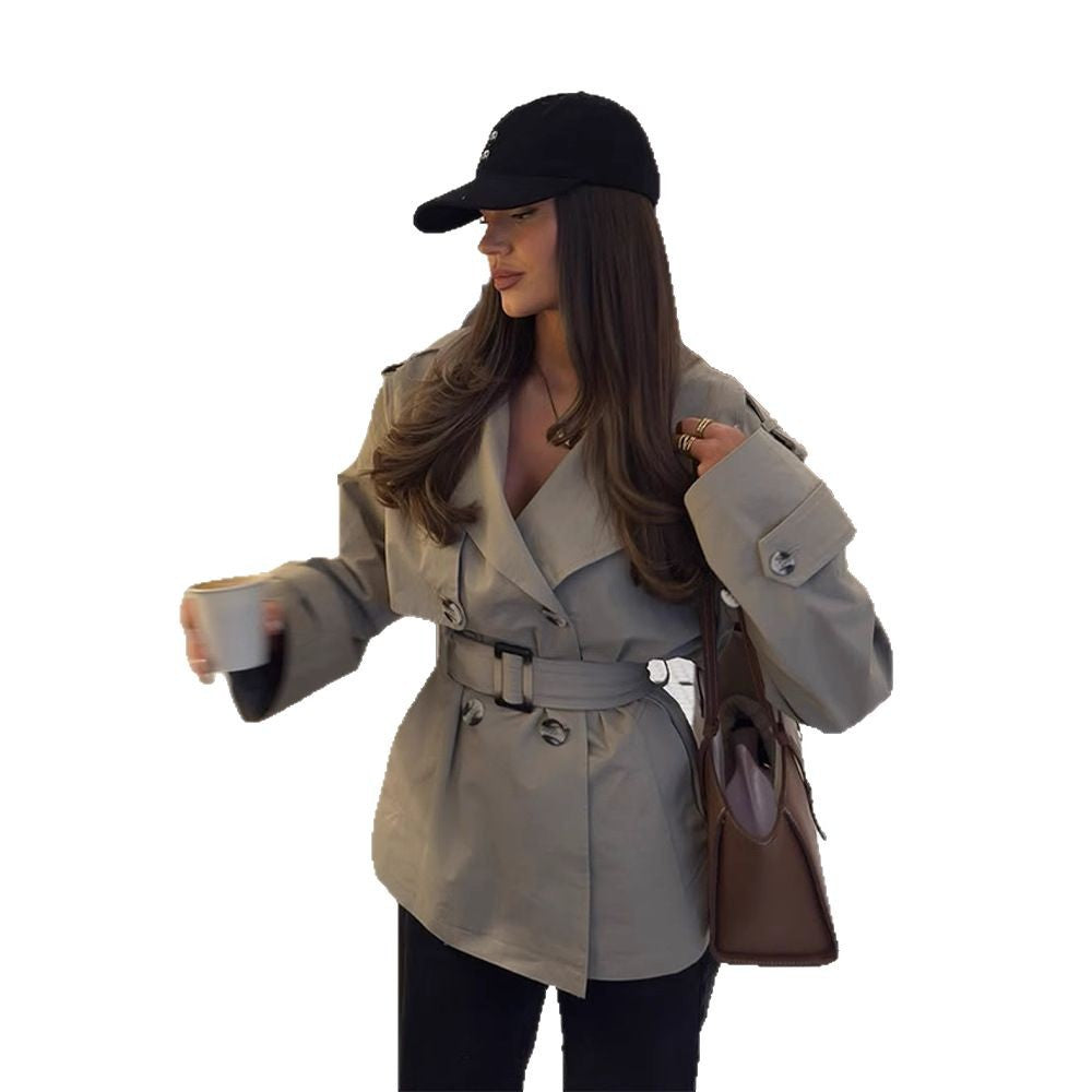 Women Short Tailored Trench Coat with Belt and Epaulettes Amarae