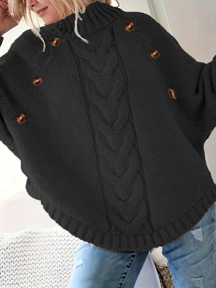 Chunky knit sweater for women with high neck and decorative buttons Lune London