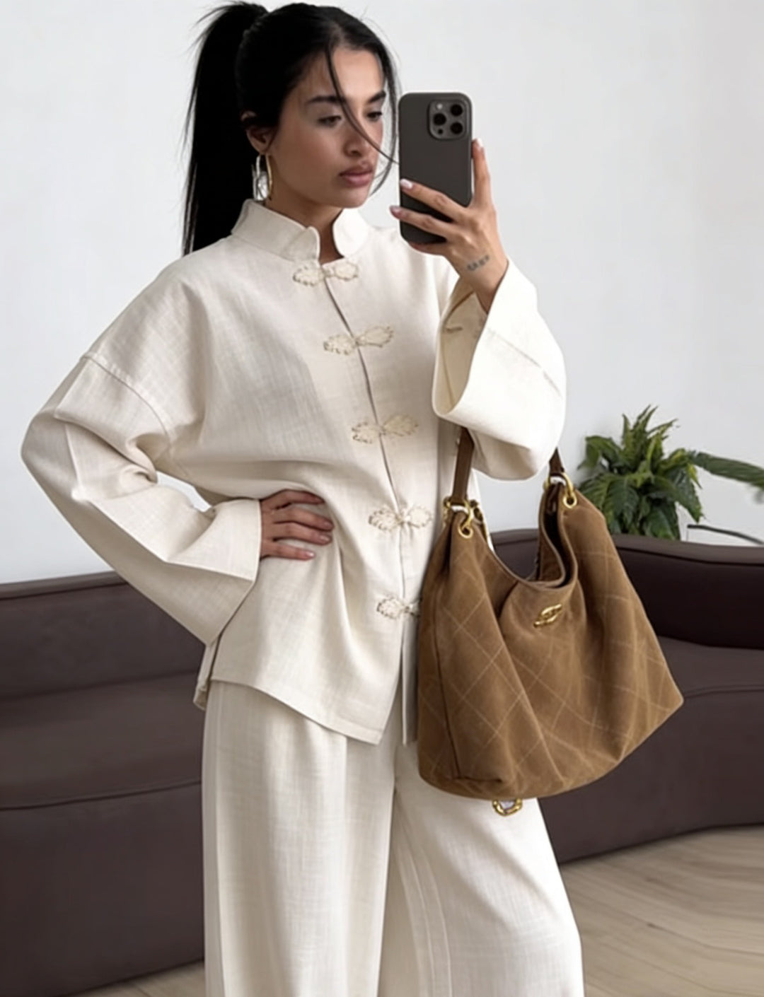 Women's Oversized Chinese Collar Blouse with Traditional Knot Closures and Wide Sleeves Amarae
