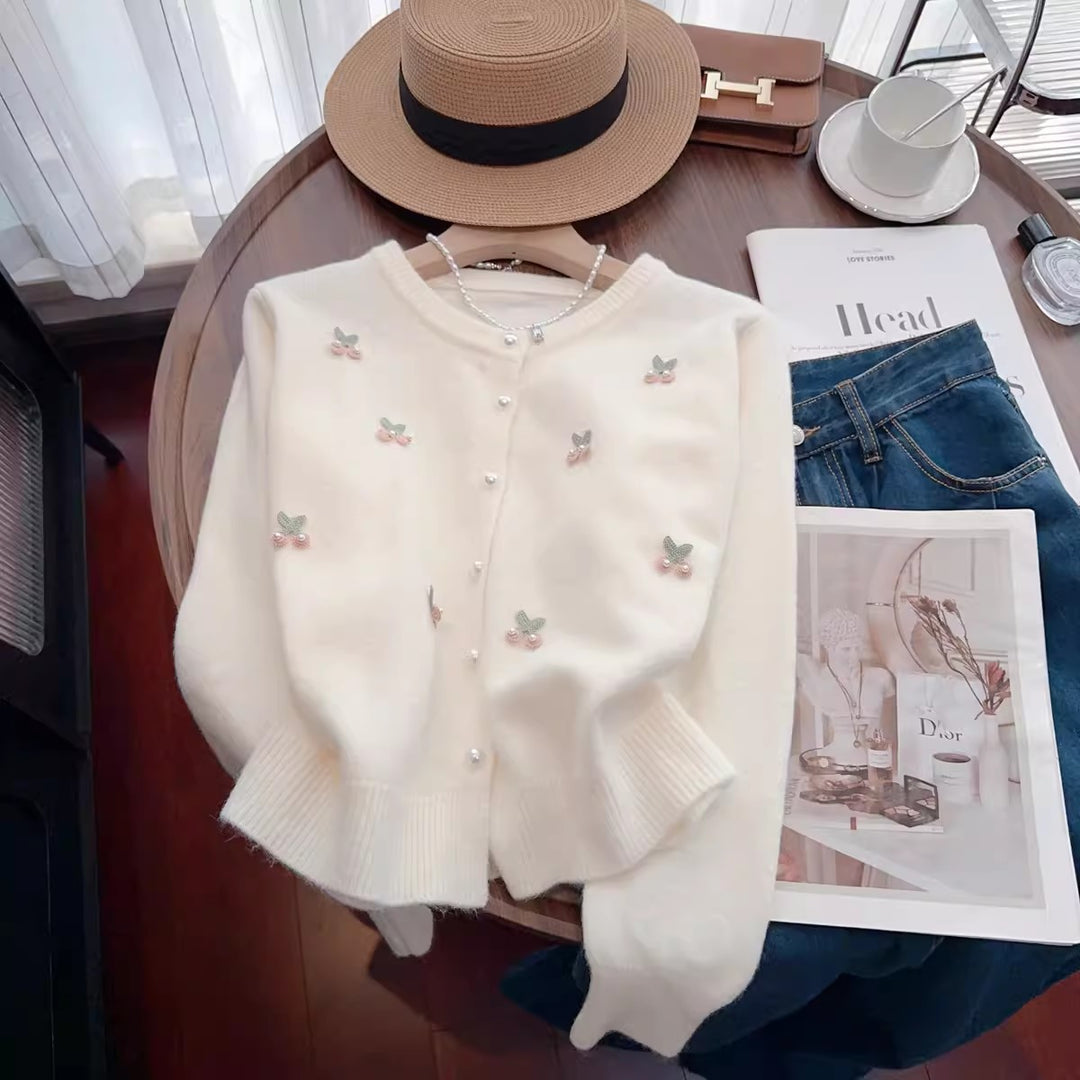 Knit jacket for women with floral embroidery and pearl buttons Lune London