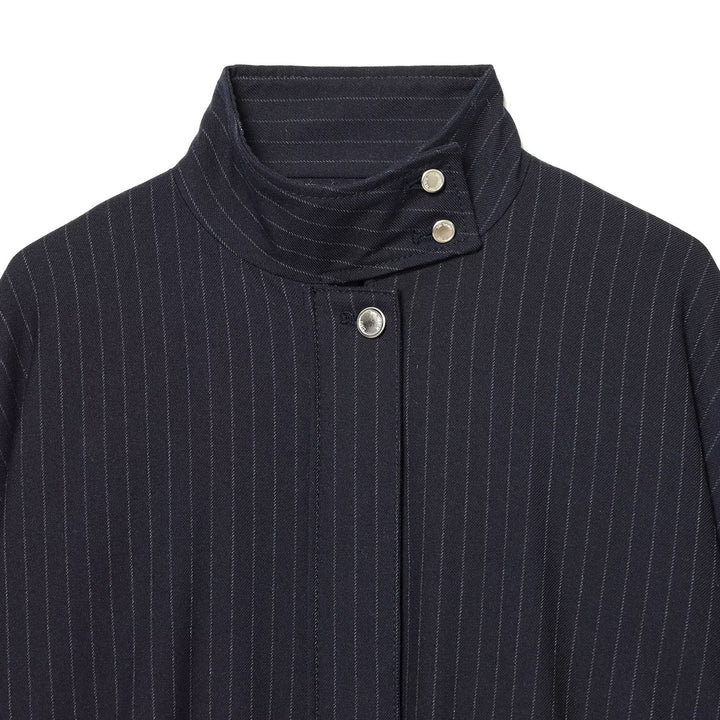 Ladies Short Pinstripe Blouson Jacket with Stand Collar, Balloon Sleeves and Elastic Hem Amarae