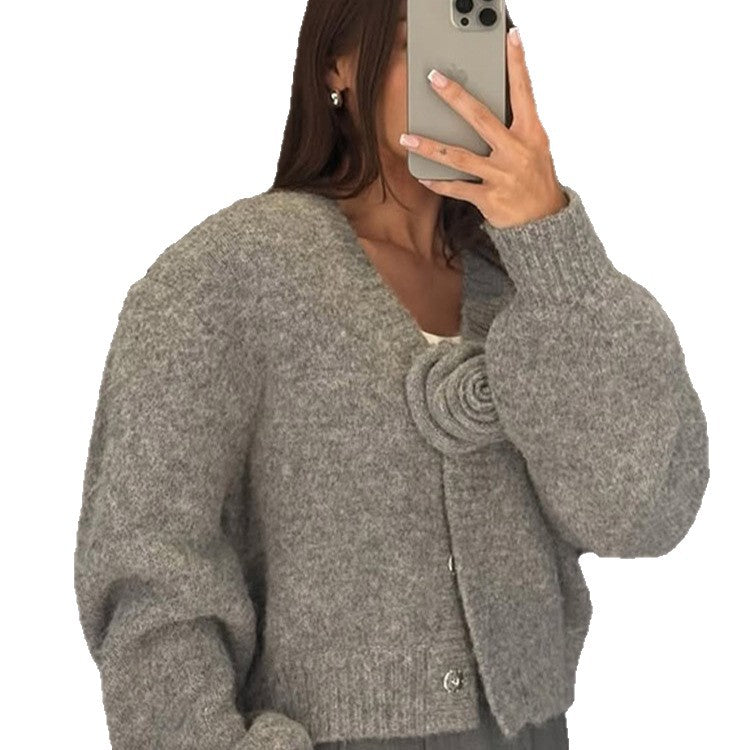 Women's Short Mohair Cardigan with Rose Appliqué and Boxy Silhouette Amarae