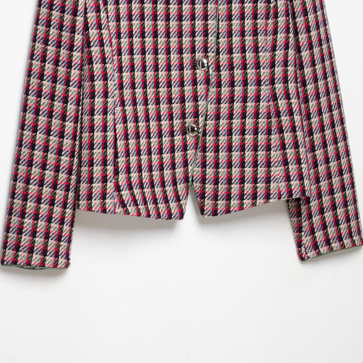Women Short Blazer Jacket in Boucle Tweed with Stand Collar and Shoulder Pads Amarae