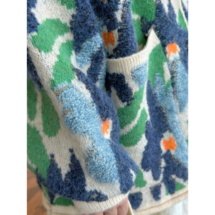 Women Patterned Chunky Knit Cardigan with Crew Neck and Patch Pockets Amarae