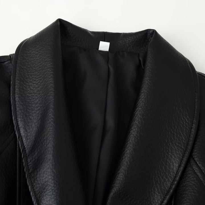Women's Tailored Faux Leather Blazer with Shawl Collar and Tie Belt Amarae