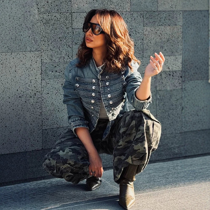 Women's Short Denim Jacket with Decorative Metal Button Rows and Fitted Silhouette Amarae