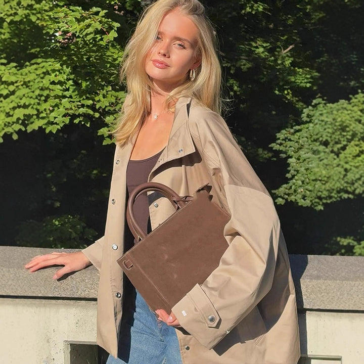 Women's oversized short coat in trench look with boxy silhouette and concealed snap button placket Amarae