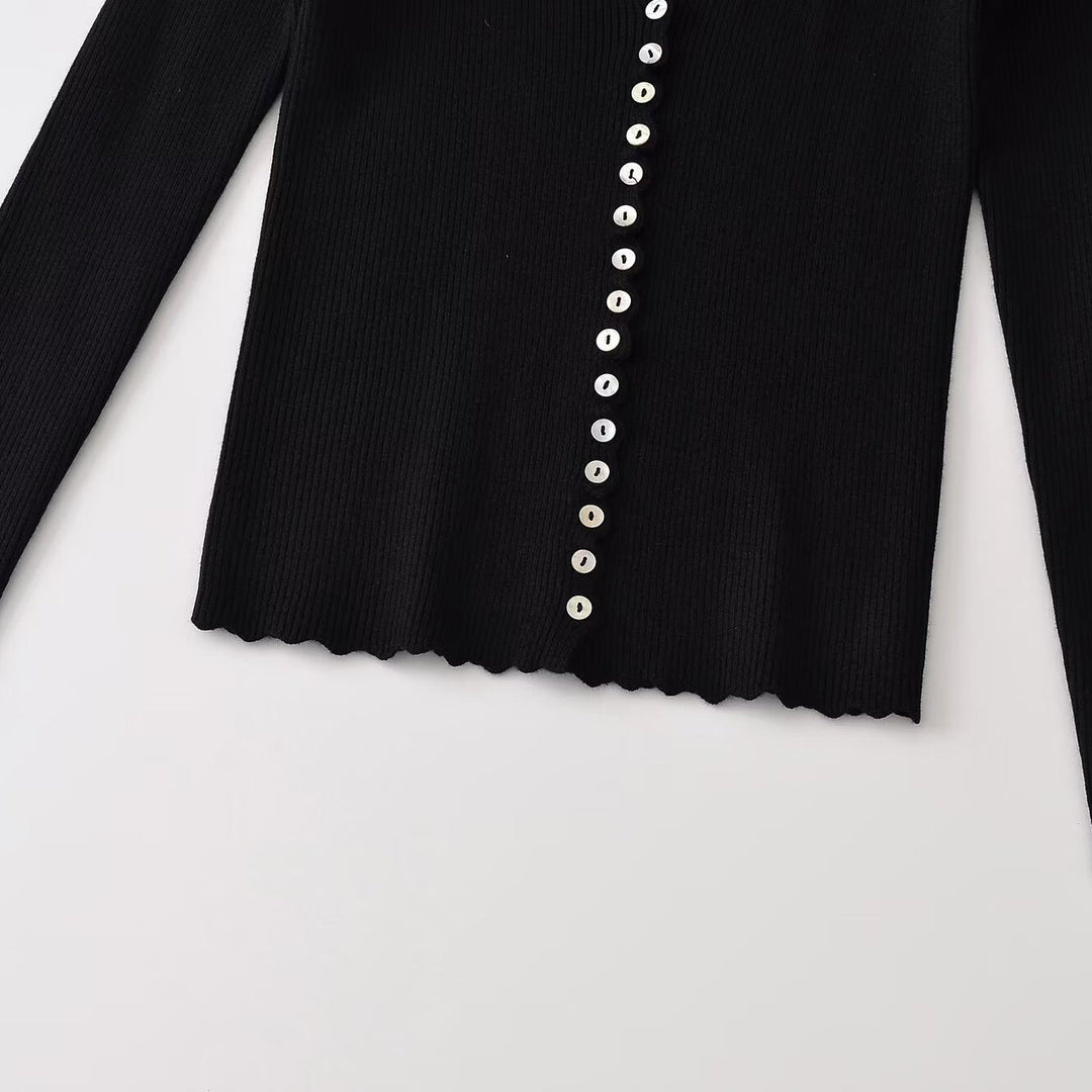 Women's Ribbed Button Cardigan with Deep V-Neck and Wavy Hem Amarae