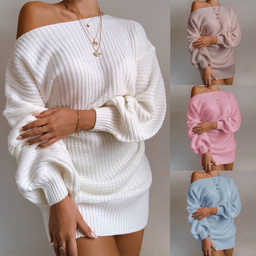Robe tricotée décontractée pour femmes avec design à épaules dénudées et manches volumineuses Chic & Stil