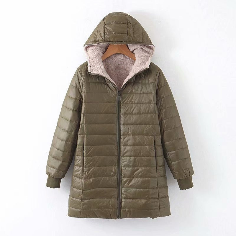 Lady down jacket with soft teddy lining and practical hood Lune London