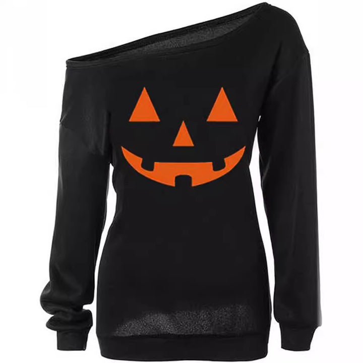 Women Oversize Off-Shoulder Knit Sweater with Halloween Pumpkin Motif Amarae