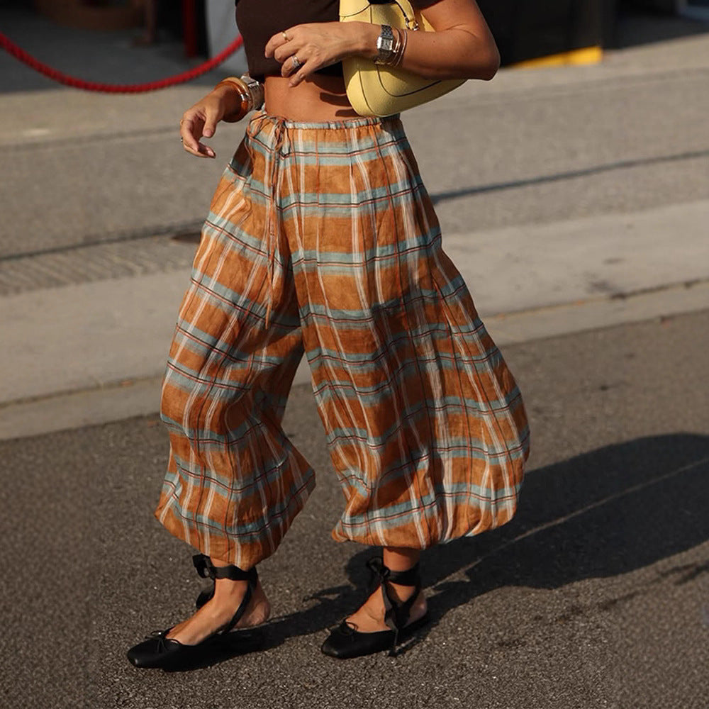 Women wide plaid harem pants with elastic waistband, drawstring & gathered ankle cuffs Amarae