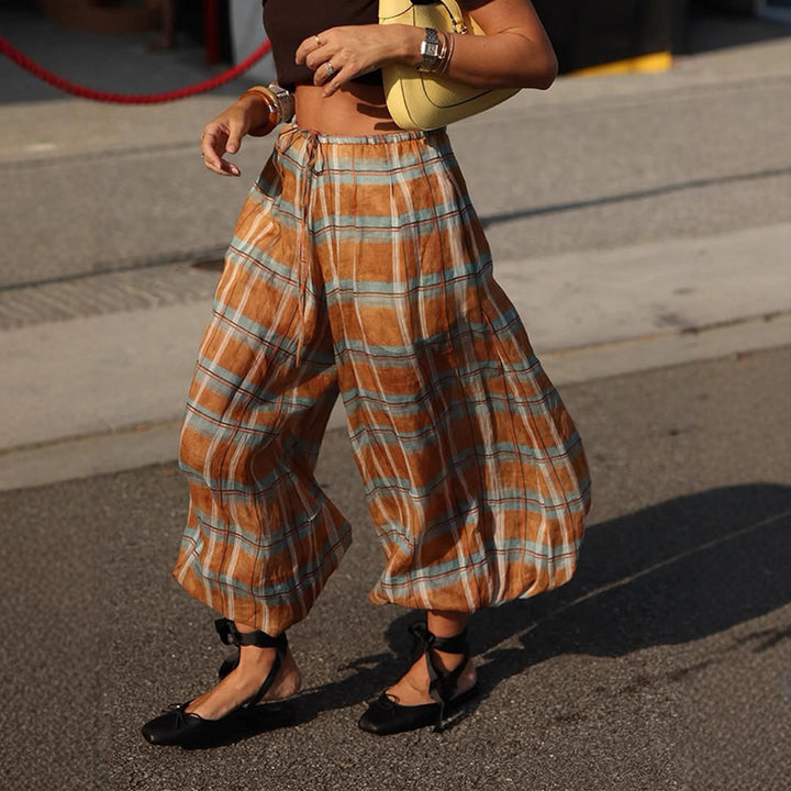 Women wide plaid harem pants with elastic waistband, drawstring & gathered ankle cuffs Amarae