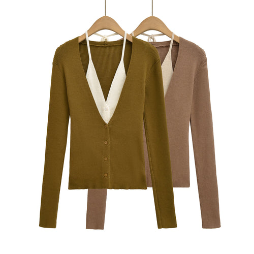 Ladies elegant knitted cardigan with deep V-neck and contrasting lining Amarae