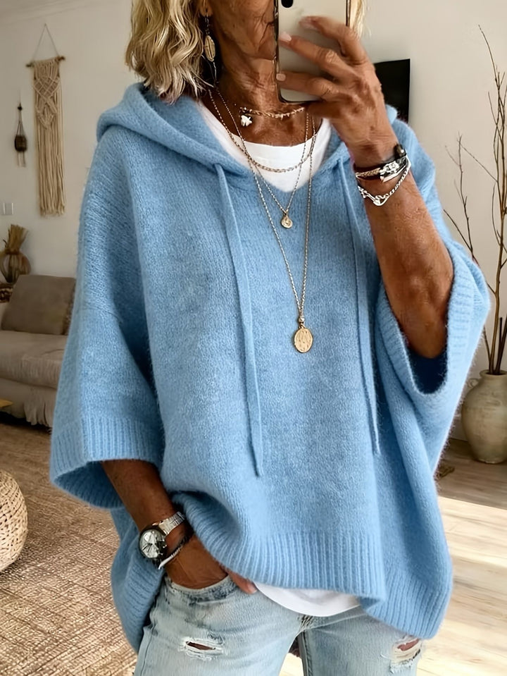 Ladies Oversized Knit Poncho with Hood, Batwing Sleeves and Side Slits Amarae