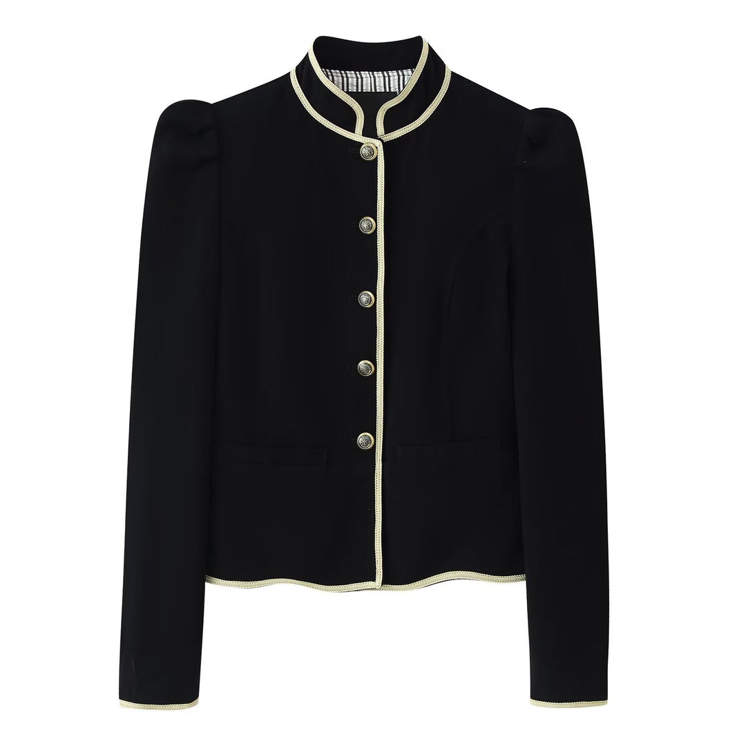 Women's Short Blazer with Stand Collar, Golden Cord Trim and Decorative Buttons Amarae