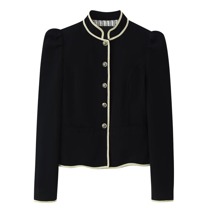 Women's Short Blazer with Stand Collar, Golden Cord Trim and Decorative Buttons Amarae