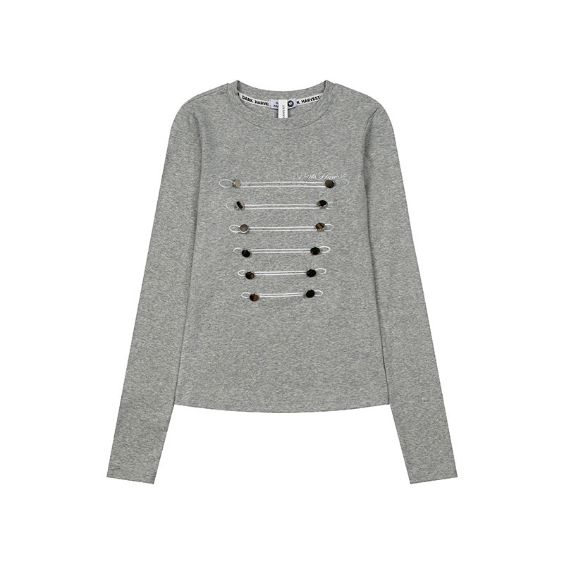 Women's Long Sleeve Shirt with Decorative Cord and Button Application Amarae