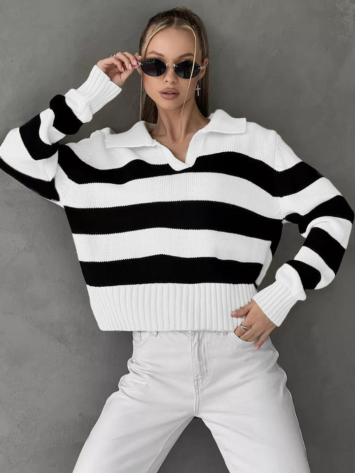 Women Oversized Sweater with Classic Collar and Chic Striped Design