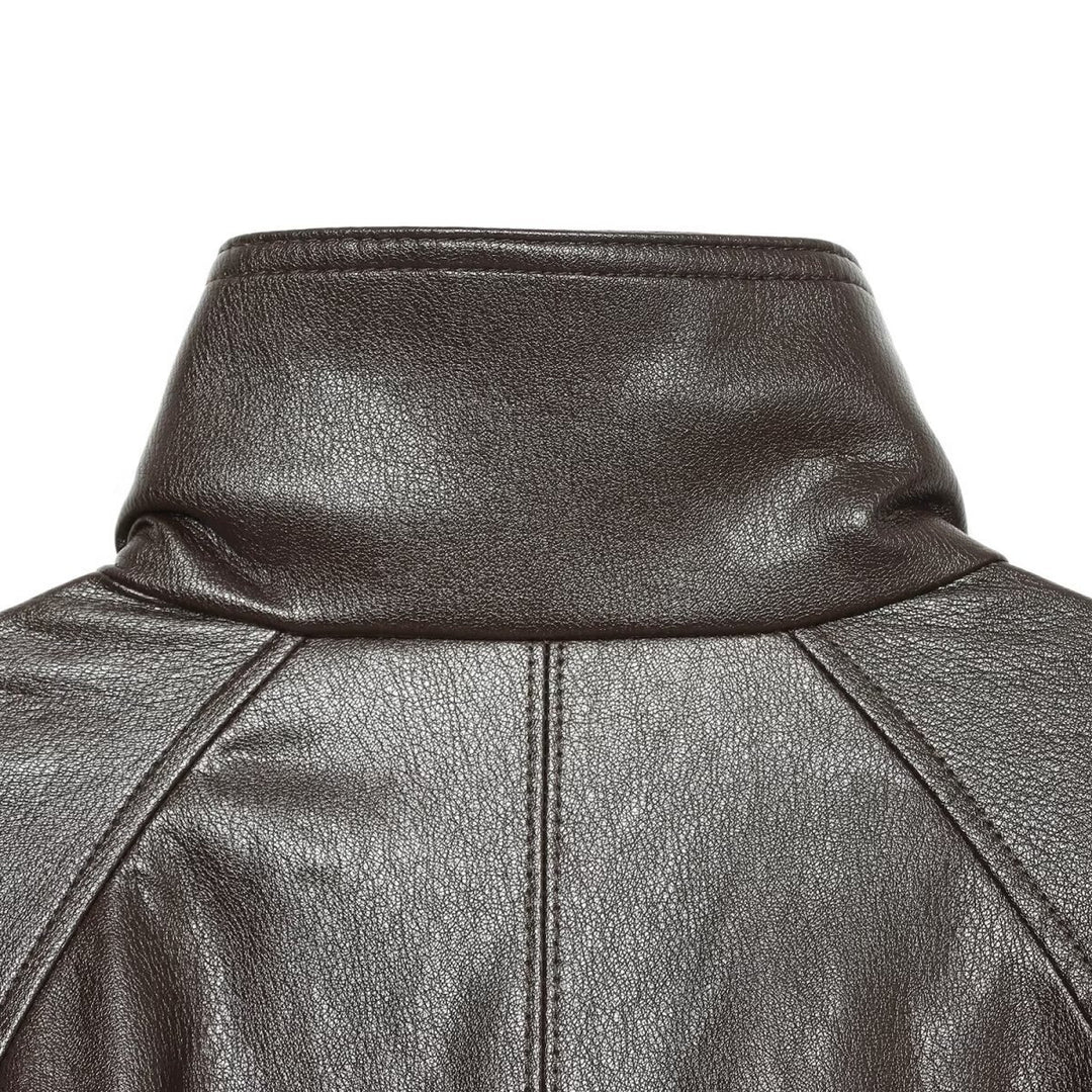 Women's short-cut leather look blouson jacket with high funnel collar, shoulder tabs and integrated patch pockets Amarae