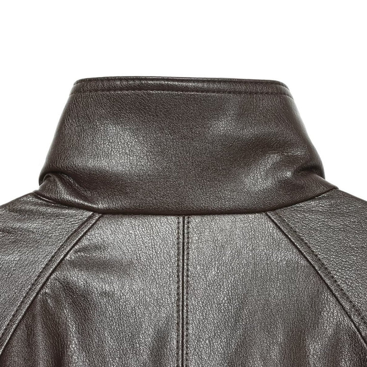 Women's short-cut leather look blouson jacket with high funnel collar, shoulder tabs and integrated patch pockets Amarae