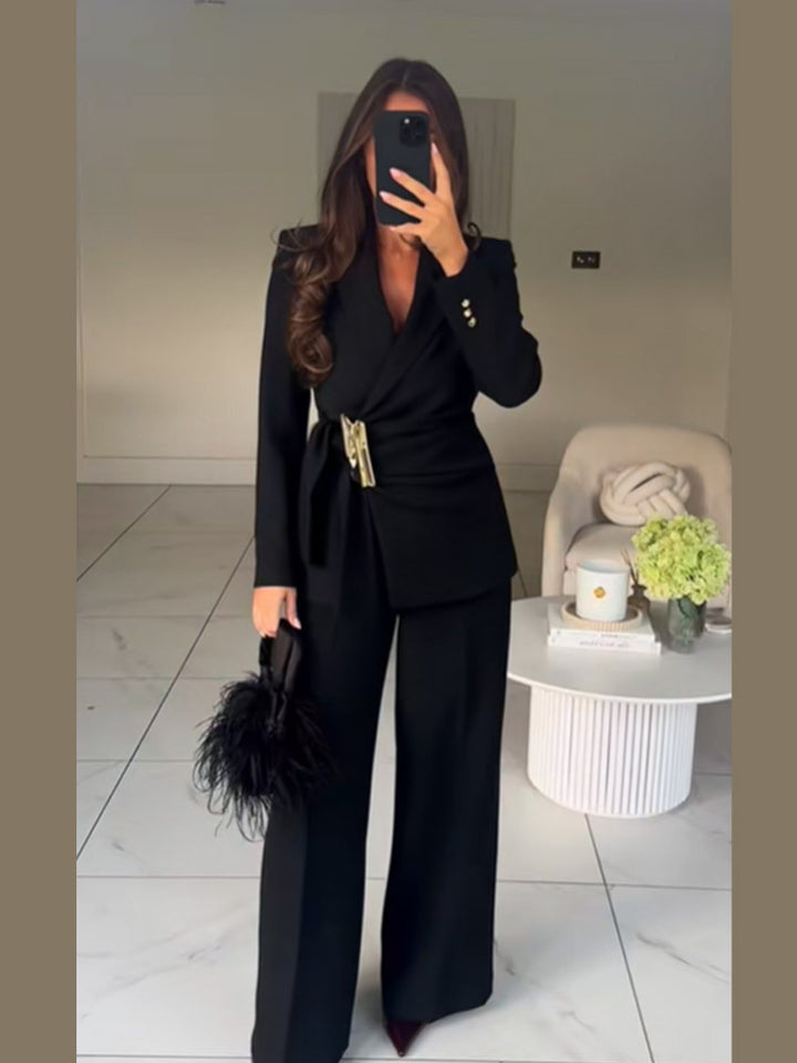 Women's Tailored Wrap Blazer with Decorative Metal Buckle & High-Waist Palazzo Pants Amarae