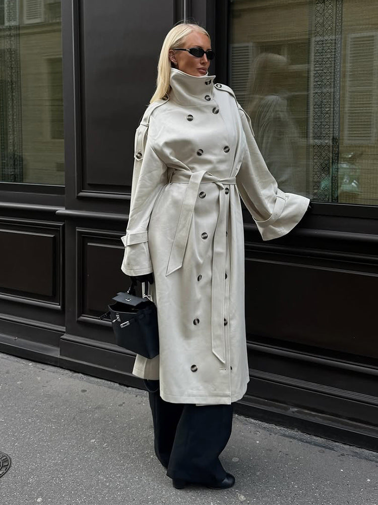 Women’s Long Trench Coat with High Standing Collar, Double-Breasted Button Placket and Wide Cuffs Amarae