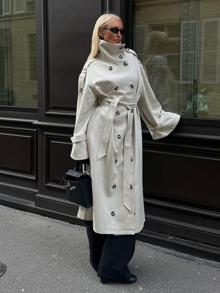 Women’s Long Trench Coat with High Standing Collar, Double-Breasted Button Placket and Wide Cuffs Amarae