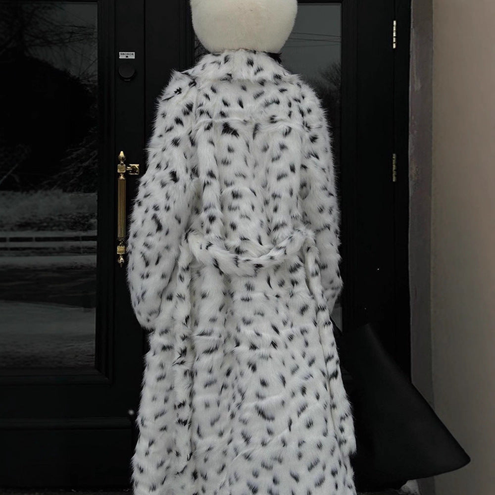 Women's Long Coat made of Faux Fur with Dalmatian Look and Hood Amarae