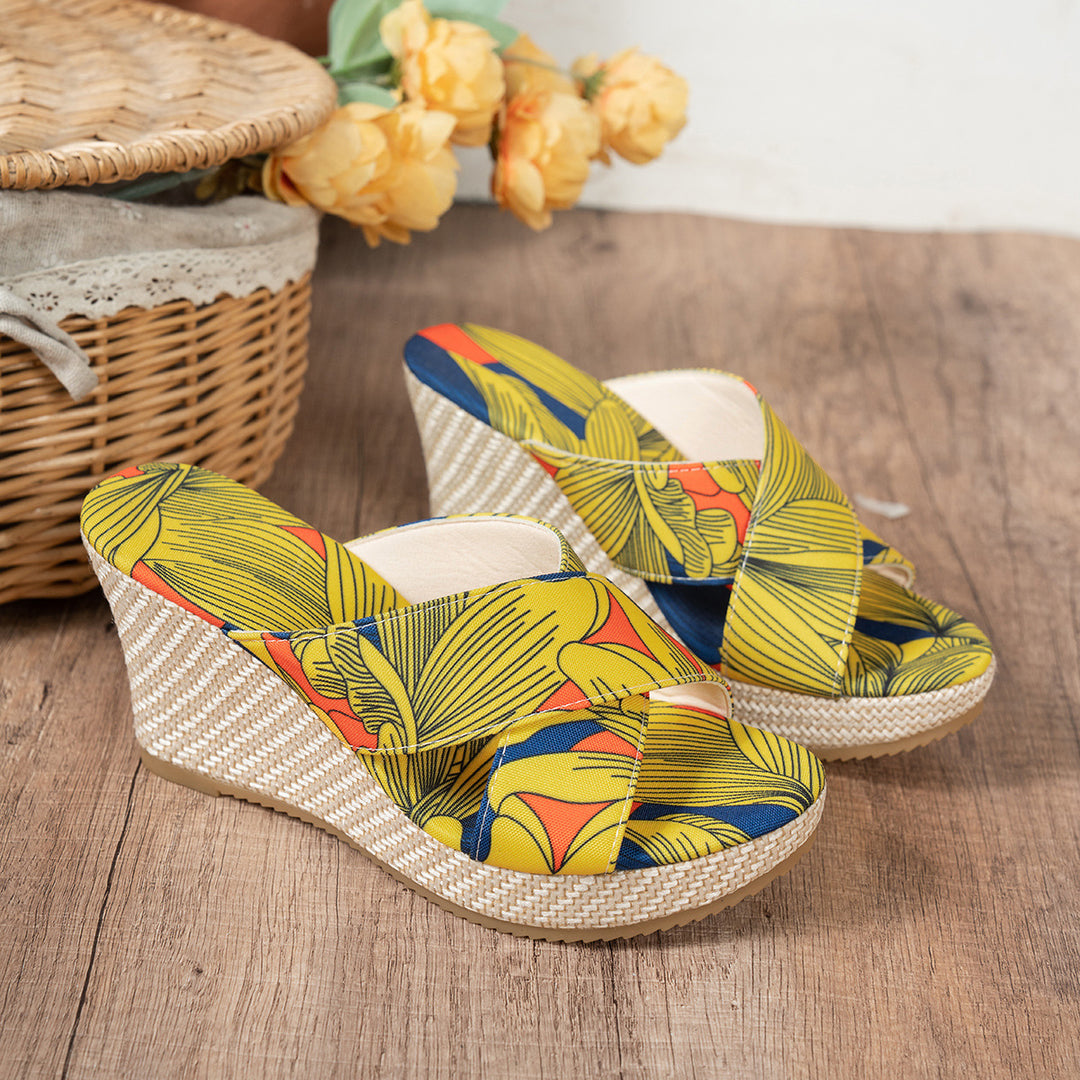 Wedge heeled sandals for women with a floral design and a non-slip sole Lune London