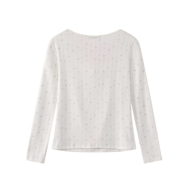 Women's long-sleeve shirt with lacing at the neckline, fine star jacquard, and heart emblem Amarae