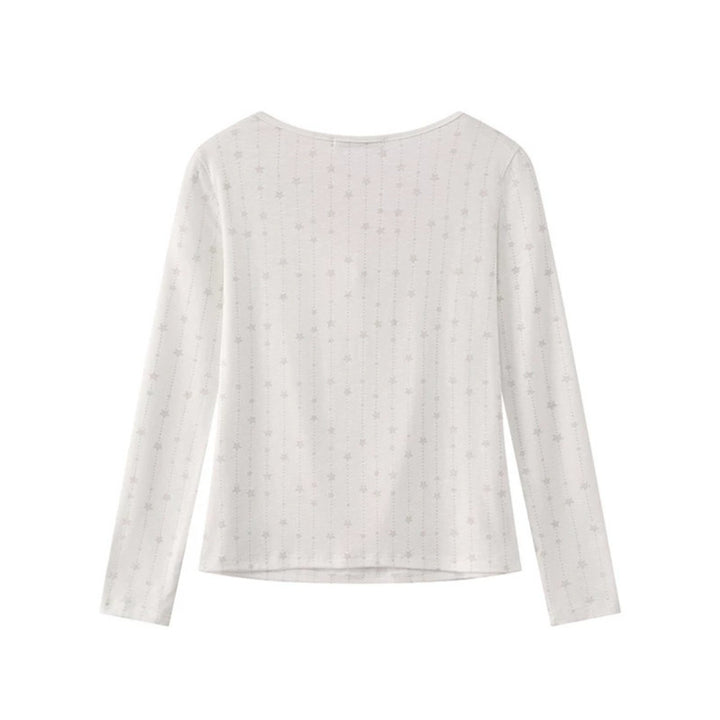 Women's long-sleeve shirt with lacing at the neckline, fine star jacquard, and heart emblem Amarae