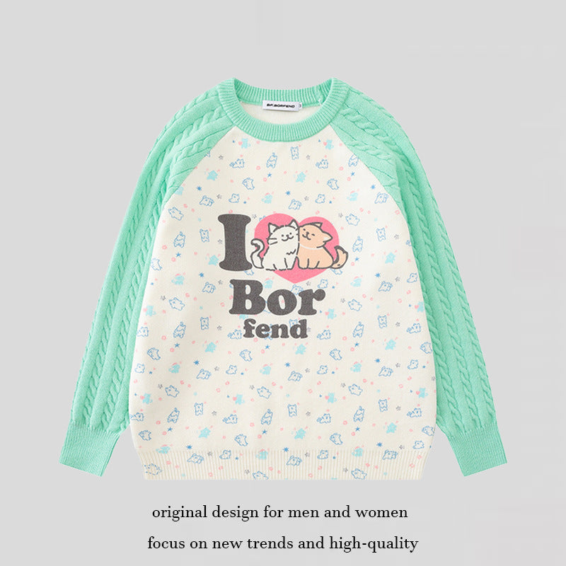 Women's knitted sweater with raglan sleeves, cable pattern sleeves and cartoon cat front print Amarae