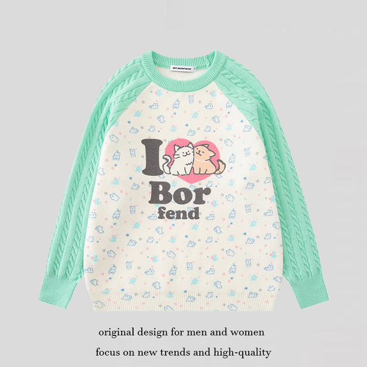 Women's knitted sweater with raglan sleeves, cable pattern sleeves and cartoon cat front print Amarae