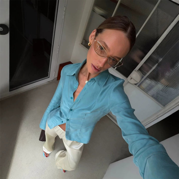 Women's satin blouse with tailored cut, shirt collar, and shaping seams Amarae