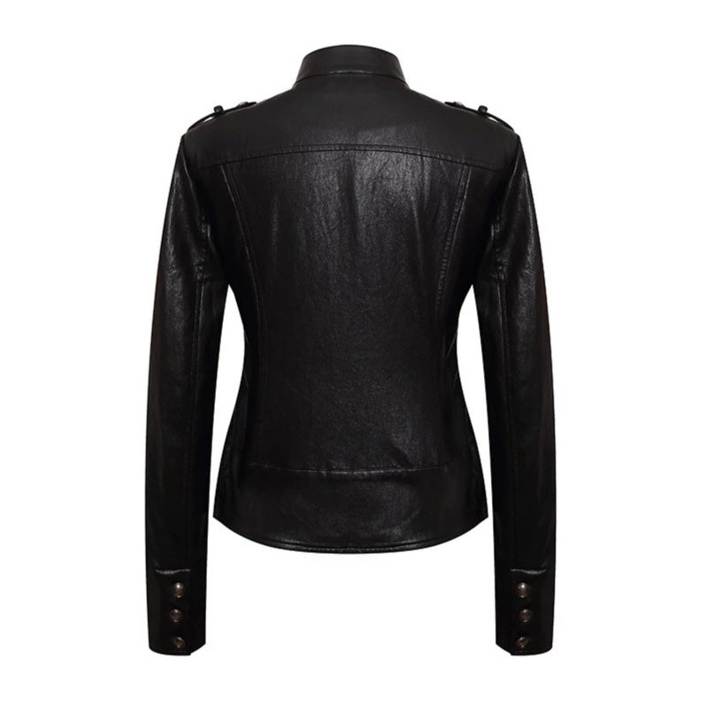 Women’s fitted leather jacket in military style with stand-up collar and decorative button placket Amarae