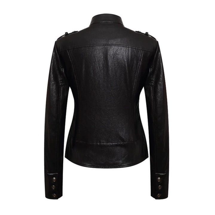Women’s fitted leather jacket in military style with stand-up collar and decorative button placket Amarae