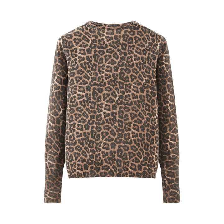 Ladies fine knit cardigan with leopard print, round neck and continuous button placket Amarae