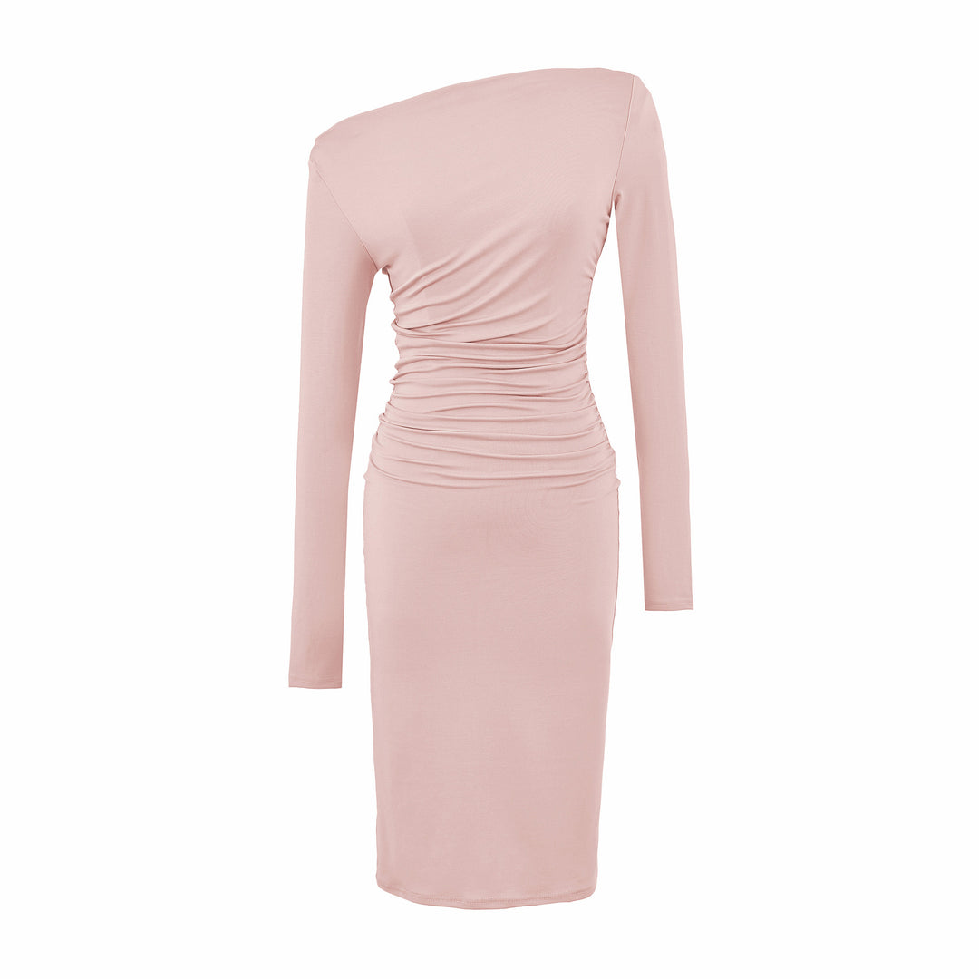 Women's Asymmetric One-Shoulder Midi Dress with Gathering and Long Sleeve Amarae