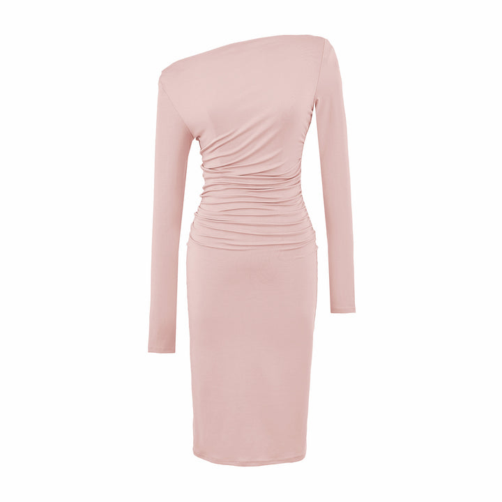 Women's Asymmetric One-Shoulder Midi Dress with Gathering and Long Sleeve Amarae