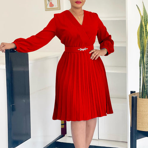 Pleated wrap dress for women with belt and elegant brooch Amarae